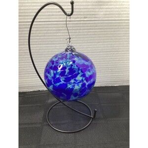 Vintage Hand Blown Glass Ornament Blue White 4 in,  Pebbled